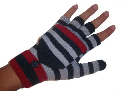 alles-meine.de GmbH Strick Handschuhe - fingerfrei - umwandelbar zu Fausthandschuhen - gestreift rot blau grau gestrickt Handschuh fingerfreie - Uni Größe