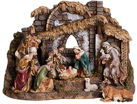 Joseph's Studio by Roman - 10-Piece Nativity Set with Stable, Includes Holy Family, Three Kings, Shepherd, Ox and Sheep, 11 H, Resin and Stone, Decorative Figures