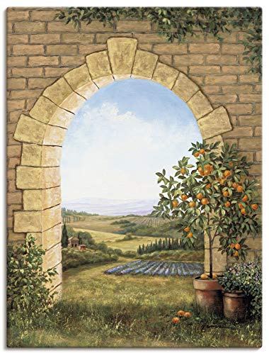 ARTLAND Wanddeko Leinwand Bilder Wandbild 45x60 cm Fensterblick Toskana Landschaft Italien Natur Malerei Torbogen Felder T4CJ