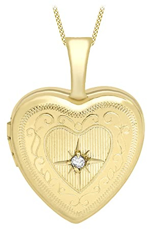 CARISSIMA Women's 9ct Yellow Gold Small Diamond Set Etched Heart Locket on Curb Chain of 46cm/18