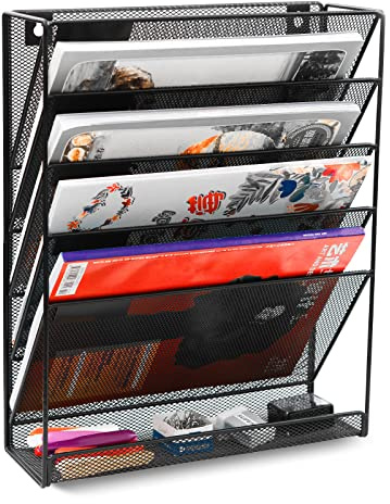 EasyPAG 5 Tier Wall File Holder, Mesh Hanging Folder Organizer with Classify Label, Versatile Desk File Holder, Vertical Wall Mounted Mail Organizer for Office Home Cubicle, Black