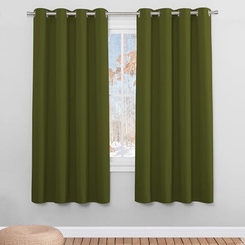 PONY DANCE Eyelet Blackout Curtains - Solid Functional Curtain Drapes Block Light for Bedroom Thermal Wind Proof Window Covering, 1 Pair, 46 inch Width x 72 inch Drop, Olive Green