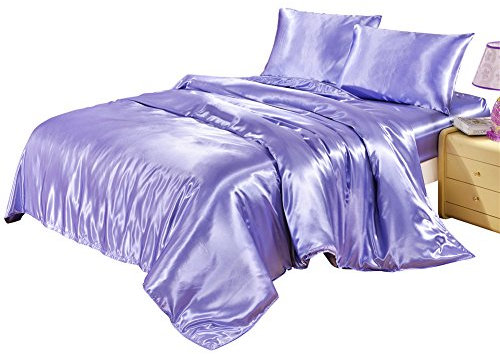 DREFEEL Hotel Quality Solid Lilac/Lavender Duvet Cover Set Queen/Full Size Silk Like Satin Bedding with Hidden Zipper Ties Reversible Stain Resistant Quilt/Comforter Cover Set