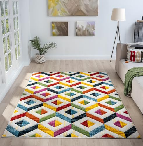 Lord of Rugs Quality Handcarved Geometric Design Rainbow Bedroom Living Room Multi Coloured Rug Sarasota Multi Medium 120x170 cm (4'x5'6)