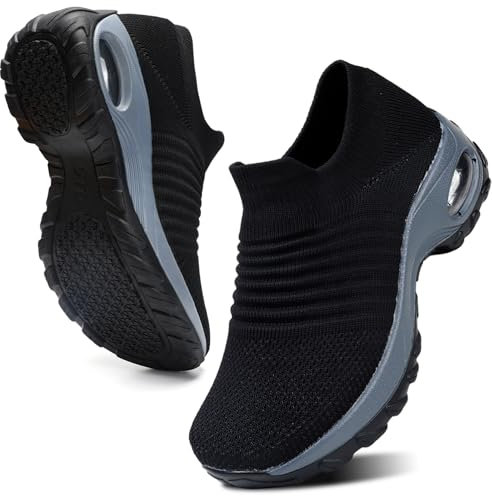 HKR Womens Walking Shoes Slip On Air Cushion Wedge Paltform Loafers Comfort Nursing Shoes Working Trainers Sneakers, Black, 5 UK