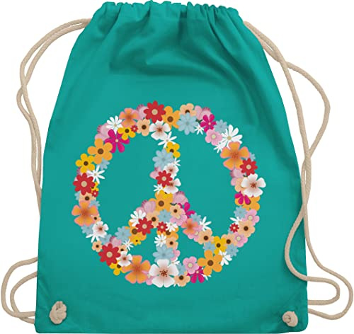 Turnbeutel Rucksack - Sprüche Statement - Peace Flower Power Hippie Peace Zeichen I Friedenszeichen I 90er I 70er - Unisize - Türkis - festival turnsack mit aufschrift 90s beutel sportbeutel retro