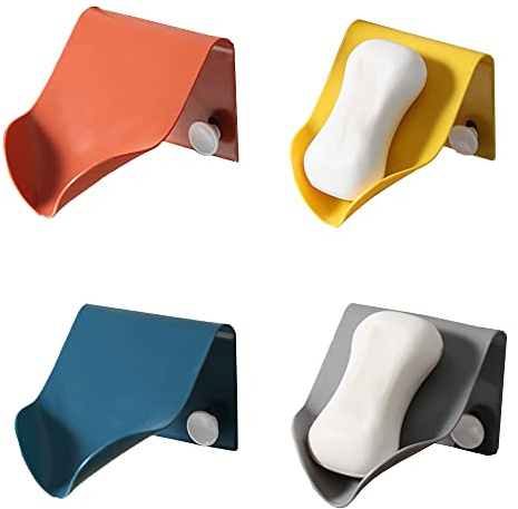 4 Pièces Savon Auto Adhésif, Porte Savon pour Cuisine et Douche, 4 Couleurs, Fixé au Mur, Conception Filtre en Entonnoir, pour Salle de Bain, Évier de Cuisine
