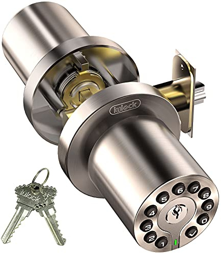 iulock Waterproof Electronic Door Knob with Keypad and Key, Auto Lock, Satin Nickel, 50 Codes, Easy to use and install for Office/Warehouse/Bedroom/Garage