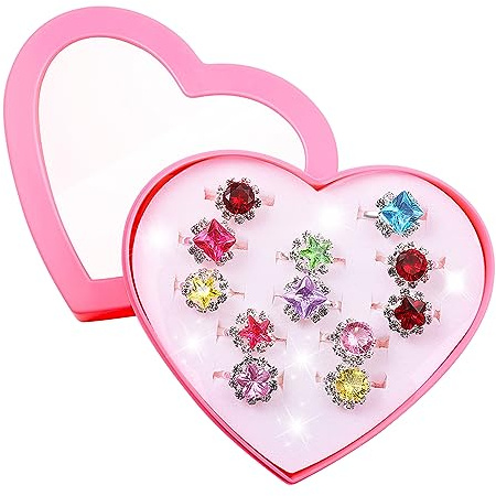 PartyKindom 12PCS Kids Rings for Girls: Adjustable Princess Finger Ring Set with Heart Shape Box for Children Birthday Pretend Play Party Favor Supply