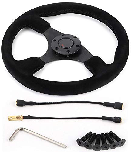 EBTOOLS Volante Volante Nrg per Style A 6 Bulloni in Pelle Scamosciata Nera Cuciture Nere con Pulsante Clacson