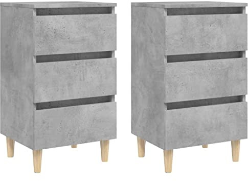vidaXL 2X Nachttisch mit Massivholz-Beinen 3 Schubladen Nachtschrank Nachtkonsole Nachtkommode Schlafzimmer Schrank Kommode Betongrau 40x35x69cm