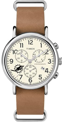 Timex Tribute Men's NFL Weekender Chrono 40mm Quartz Leather Strap, Brown, 20 Casual Watch (Model: TWZFDOLMVYZ) Miami Dolphins