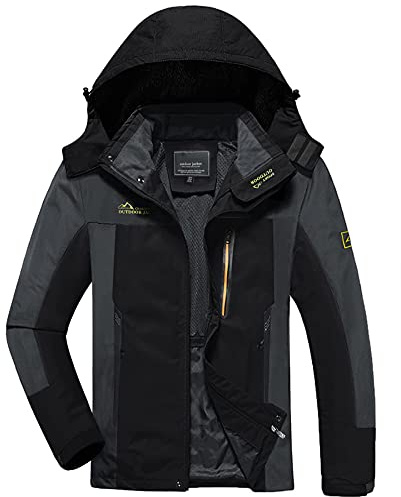 KEFITEVD Softshelljacka Herr Vattenavvisande Funktionell Jacka Med Avtagbar Huva Lätt Utomhusjacka För Vandring Vandring, Svart-grå-ny, XL