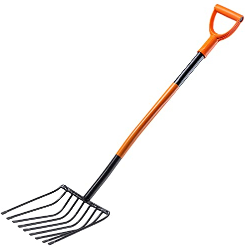 KADAX Kartoffelgabel mit langem Stiel, Steingabel aus robustem Stahl, Forke mit D-Griff, Spatengabel, Heugabel, Mistgabel, Rübengabel, Heuforke, Gartengabel (9 Zinken, Schwarz/orange)