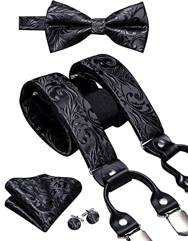 Dubulle Mens Clips Suspenders and Pretied Bowtie Set Y Shape Adjustable Paisley Checks Braces Pocket Square,Black
