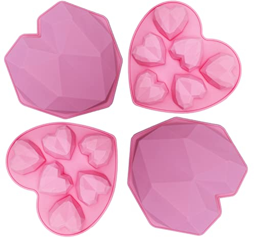 4 stampi in silicone a forma di cuore con diamanti 3D in silicone 3D per il fai da te, per torte fai da te, cioccolato, fondente