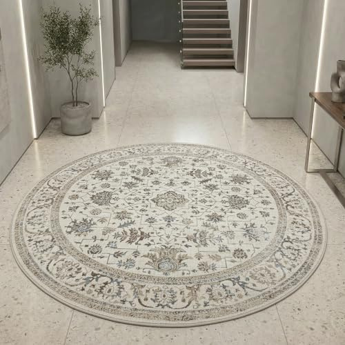 Teppich-Traum Orientteppich mit Pflanzen Verzierungen & Ornamenten in Creme Größe 200 cm Rund