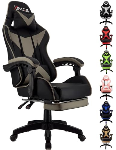 xRace Gaming Stuhl, ergonomischer Bürostuhl, PU-Leder, Lendenstütze Grau | Ergonomischer PC Stuhl mit Kopfstütze, Lendenkissen und pflegeleichtem Kunstlederbezug, höhenverstellbar und drehbar