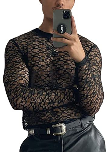 T-shirt à manches longues en maille filet pour homme Fishnet transparent, Noir , S