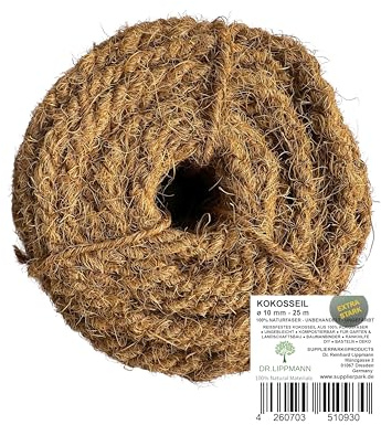 DR.LIPPMANN Kokosseile ø 10 mm / 25 m - EXTRA STARK verdrillt – Dreischäftig, Reine Naturseile, unbehandelt, zum Baum anbinden und für DIY Projekte