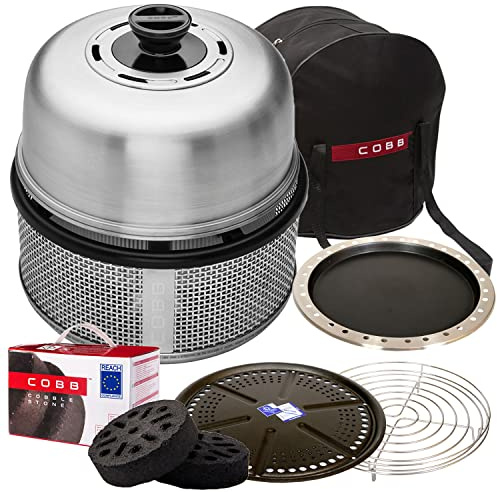 Cobb Grill Premier AIR Deluxe Holzkohlegrill - inkl. Tragetasche, Grillplatte, Bratenrost, Pfanne, 1x Cobble Stones 6er