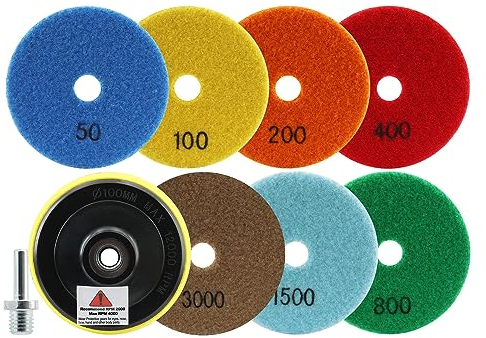 Diamante Almohadilla de Pulido en Seco - 7 piezas 100MM (#50/100/200/400/800/1500/3000) + M14 Plato de Apoyo + Adaptador,para Granito Mármol Piedra Artificial Cuarzo LEKOMESH