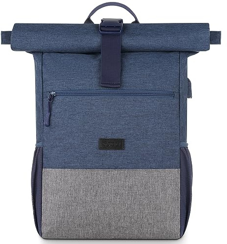 RJEU Laptop ryggsäck för 17 tum, rulltopp ryggsäck män kvinnor, laptopväska för skola, studierum, resor, skolryggsäck (blågrå-26 l)