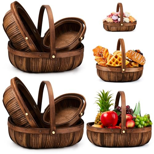 Sintuff 6 Pcs Wicker Bread Baskets with Handles 3 Sizes Handmade Woven Harvest Basket Wood Chip Picnic Garden Holder for Gathering Vegetables Fruits Gift Packing Wedding Storage(Coffee)