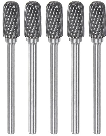 HARFINGTON 5pcs Carbide Rotary Burrs 1/8 (3mm) Shank 1/4 (6mm) Head Single Cut Cylindrical Ball Nose C Shape Die Grinder Bits Rasp Files for Hard Metal Wood Stone Polishing Engraving