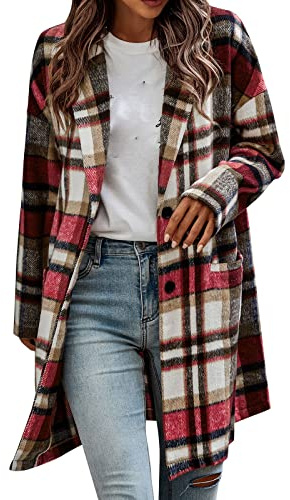 QUINTRA Femmes Décontractée Bouton Longue Chemise à Carreaux Manteau Longue Veste à Carreaux Manteau Hiver Femmes Laine, kaki, S