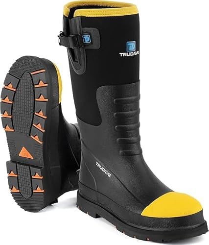 Trudave Rubber Work Boots for Men with Steel Toe & Shank, Waterproof Anti Slip Mud Rain Boots, 6mm Neoprene Warm Outdoor Hunting Boots, Durable Black Rubber Boot for Manufacturing, Construction, Size