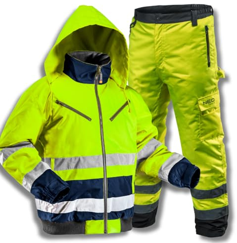 NEO TOOLS Herren wasserdichte Isolierte Arbeit Warnjacke oder Set | Wasserdichte Hose, Gr. S-3XL Gelb/Orange, Sehr Warm, Aus Strapazierfähigem 300D-Oxford-Gewebe Arbeitsjacke