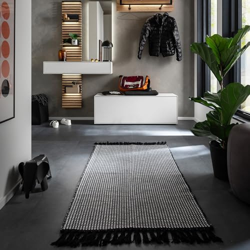 Schöner Wohnen Kollektion Teppich inkl. GRATIS Antirutschunterlage - aus 100% recycelter Baumwolle – bei 30°C waschbar – Teppich Wohnzimmer, Schlafzimmer - 80x150 cm in schwarz