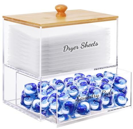JYPS 1+1 Acrylic Dryer Sheet Holder with Drawer and Bamboo Lid, Clear Acrylic Large-Capacity Laundry Pods Container, Scent Boosters & Powder, Laundry Room Organization decor, Storage Jars Set