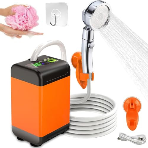 HYQNG Outdoor Portable Shower for Camping, Rechargeable Camping Shower with 7800mAh Battery, Electric Shower Pump with Intelligent Digital Display & 3 Spray Modes Shower Head for Hiking, Travel