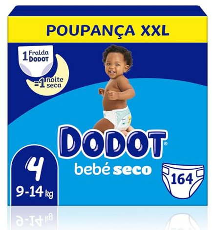 Dodot Pañales Bebé-Seco Talla 4 9-14kg, 164 Pañales con Protección Antifugas, Pack Mensual