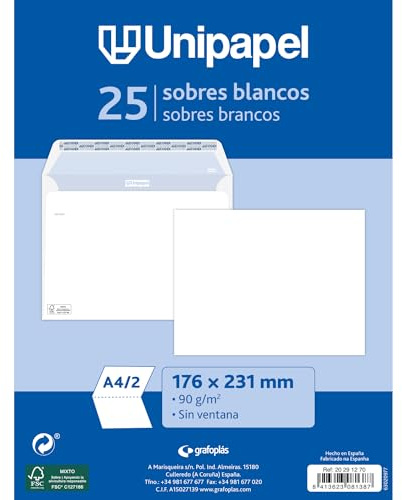 Unipapel Packung mit 25 Briefumschlägen, Papier, 90 g, weiß, 176 x 231 mm, gerader Verschluss mit selbstklebendem Silikonband, Autodesk, einfaches Öffnen, FSC-zertifiziert, perfekt für Briefe A4,