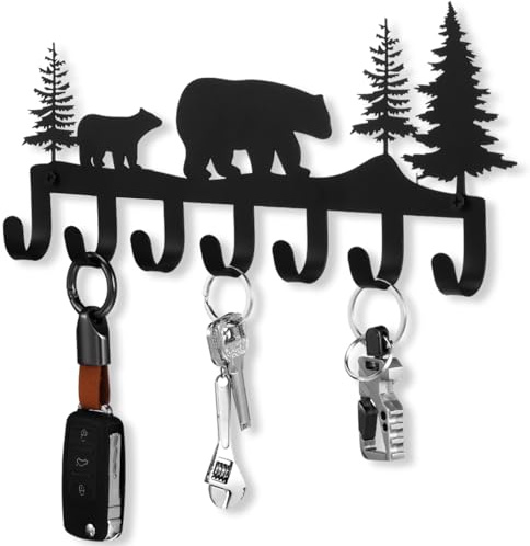 Briwooody Metal Bear Keys Hooks 11.8 x 5.1 x 1.18 Inch Decorative Wall Mounted Black Key Holder Hooks Forest Bear Design Key Organizer with 7 Hooks for Entryway Front Door Living Room Bedroom Decor