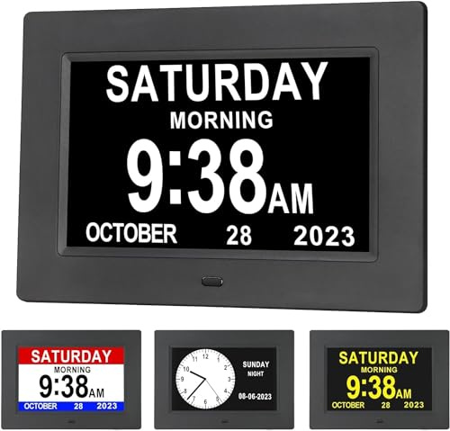 Hiseeyo 7 Inch Digital Alarm Clock with Automatic Brightness Adjustment, Quiet LCD Display Alarm Clock with Humidity and Temperature for Adults and Children and Alzheimer's Disease
