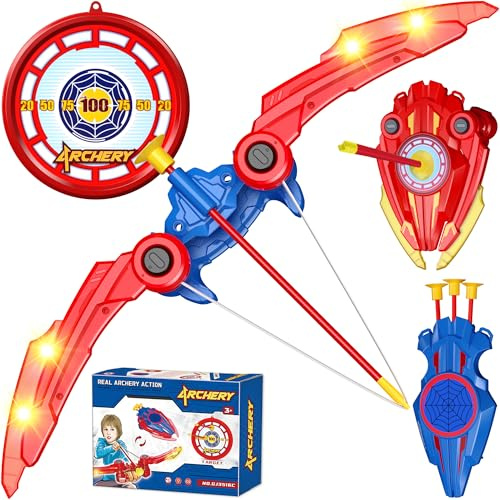 Set de Arco y Flechas 3 en 1 para Niños, Juego de Tiro con Arco y Escudo, Incluye 2 Arcos con Luces, 10 Flechas con Ventosas y 1 Blanco, Regalo Ideal para Niños y Niñas a Partir de 3 Años
