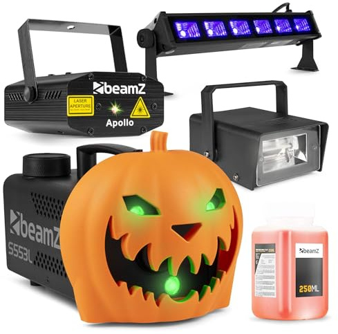 BeamZ S553L Nebelmaschine Halloween Deko mit LED Kürbis Kopf, 550 Watt Rauchmaschine mit 170 mW Party Laser, Stroboskop Blitzer und UV Lampe, 2-in-1 mit Halloween Kürbis Deko 16 Farben, Soundeffekt