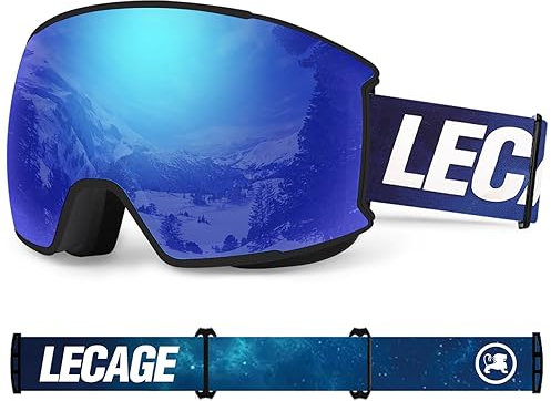 LECAGE Magnetische skibrille mit wechselglas Anti-Beschlag Skibrille für Brillenträger Herren Damen Große kugelförmige Snowboard Brille UV-Schutz Schneebrille Kompatibler Helm (Schwarz-Blau)
