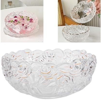 Boxonly Rose Embossed Glass Dessert Bowl and Plate Set – Clear Finish, Elegant 5.1x2.2 / 13cmx5.5cm Bowl with Glacier Textured 5.5x0.6 / 14cmx1.5cm Plate – Ideal for Desserts