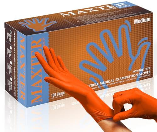 MAXTER Puderfreie Nitrilhandschuhe 7.0, 90 Stück, Größe XL, Orange/Box mit 90 Handschuhen