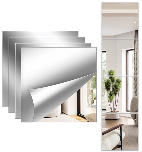 Full Length Wall Mirror Tiles, 12'' x 12'' x 4PCS, Acrylic Unbreakable Full Body Mirror for Bedroom Squares Shatterproof Mirror Sheets Wall Mounted for Home Gym Door Plexiglass Mirrors Safe for Kids