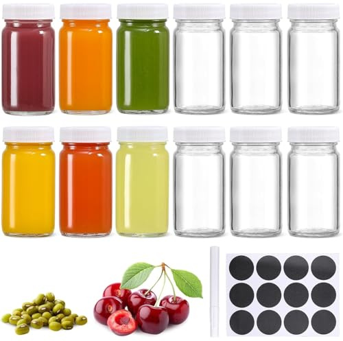 12Pcs Kleine Shot Flaschen zum befüllen, 60ml Mini Glasflaschen Glas Ingwer Shot Flaschen mit Deckel, Mehrweg Ingwer Schnapsflaschen für Saft Smoothie Ingwer Shot Whiskey