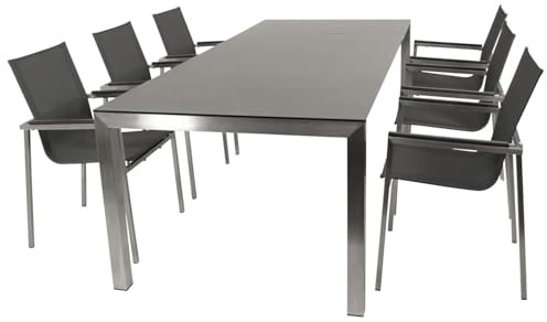 DEGAMO Gartengarnitur Melbourne 7-teilig Edelstahl (6X Stapelsessel Kunstgewebe grau und 1x Ausziehtisch in Keramikoptik 180/240x100cm), Outdoor wetterfest