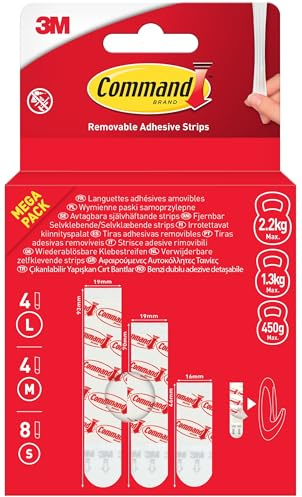 Command Removable Adhesive Strips, White, Pack of 8 Small, 4 Medium, 4 Large Adhesive Strips - Damage Free Hanging - No Tools Required