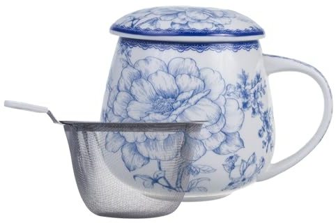QUEEN ISABELL LIMITED COLLECTION Taza de porcelana de 450 ml con colador para té suelto | Elegante tetera de porcelana fina | Edición limitada con adornos dorados y diseño artístico