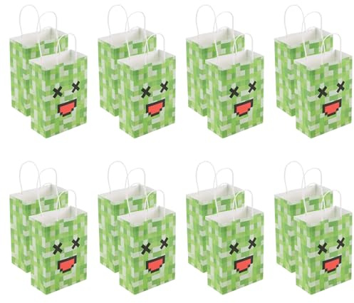 SAVITA 16st Pixel Festgåvor, Gruvarbetartema Goodie Bags med Handtag Söt Presentpåse Födelsedagsdekorationer för Presenter Godis Snacks Förvaring Pixel Festtillbehör